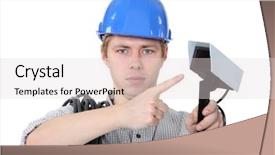  Presentation with cctv-camera - Colorful theme enhanced with big brother - technician pointing to cctv camera backdrop and a lemonade colored foreground