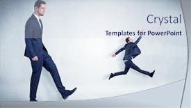  Presentation with flying - PPT theme featuring big businessman kicking small businessman who is flying away with his briefcase on his hand background and a sky blue colored foreground