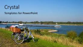  Presentation with boat river - Colorful PPT theme enhanced with big cargo boat backdrop and a light blue colored foreground