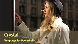  Presentation with digital - Cool new slides with big checks - young woman near digital screen backdrop and a tawny brown colored foreground