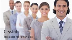  Presentation with first - Presentation theme enhanced with big close-up of happy workmates in a single line with focus on the first man with his arms crossed background and a light blue colored foreground