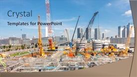  Presentation with crane - Slide set having big construction crane working in big construction site in tokyo japan background and a light blue colored foreground