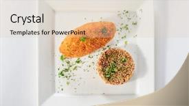  Presentation with cereal - Colorful slide set enhanced with big cutlet of turkey meat with garnish made of buckwheat cereal top view backdrop and a lemonade colored foreground