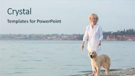  Presentation with walking - Colorful slide set enhanced with senior woman and big dog walking on riverside backdrop and a sky blue colored foreground