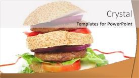  Presentation with hamburger - PPT layouts enhanced with big double grilled hamburger on ceramic plate isolated over white background background and a light gray colored foreground