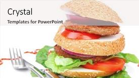  Presentation with hamburger - Beautiful slides featuring big double hamburger on ceramic plate with cutlery isolated over white background backdrop and a sky blue colored foreground