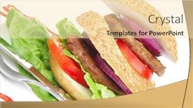  Presentation with cutlery - Audience pleasing slides consisting of big double hamburger on ceramic plate with cutlery isolated over white background backdrop and a lemonade colored foreground