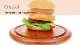  Presentation with white plate - Colorful presentation theme enhanced with big double roasted hamburger on wooden plate with cutlery isolated over white background backdrop and a yellow colored foreground