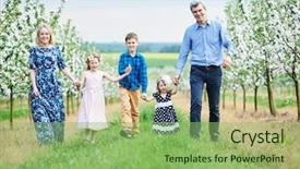  Presentation with parent and children - Colorful presentation design enhanced with big family outdoors three children backdrop and a  colored foreground