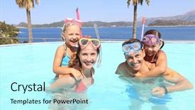  Presentation with pool restaurant family - PPT layouts featuring big family swimming in pool background and a  colored foreground