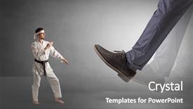  Presentation with club foot - Amazing PPT theme having big foot treading small young backdrop and a  colored foreground