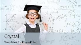  Presentation with academic - Beautiful theme featuring happy smart schoolgirl in big glasses and academic hat performs the task at the blackboard education backdrop and a lemonade colored foreground