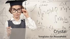  Presentation with task - Colorful PPT theme enhanced with happy smart schoolgirl in big glasses and academic hat performs the task at the blackboard education backdrop and a soft green colored foreground