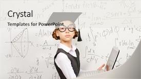  Presentation with academic - PPT theme consisting of smart schoolgirl in big glasses and academic hat performs the task at the blackboard with a laptop education background and a white colored foreground