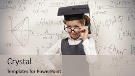  Presentation with task - Slide set consisting of happy smart schoolgirl in big glasses and academic hat performs the task at the blackboard education background and a light gray colored foreground