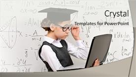  Presentation with task - Beautiful PPT layouts featuring smart schoolgirl in big glasses and academic hat performs the task at the blackboard with a laptop education backdrop and a white colored foreground