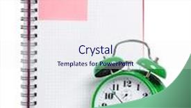  Presentation with green notebook - Colorful slide deck enhanced with big green alarm clock with blank notebook isolated on white background backdrop and a sky blue colored foreground