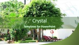  Presentation with green hotel - Cool new slide deck with recreation area of the hotel backdrop and a forest green colored foreground