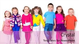  Presentation with diverse children - Cool new PPT theme with big group of diverse children backdrop and a coral colored foreground