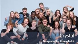  Presentation with friends - Theme featuring big-group-of-friends-hugging background and a ocean colored foreground