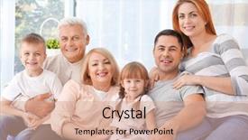  Presentation with portrait happy family smiling - Presentation design having big happy family on couch background and a coral colored foreground