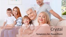  Presentation with family - Amazing slide deck having big happy family sitting backdrop and a coral colored foreground