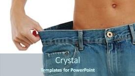  Presentation with jeans - Cool new slides with big jeans on small woman isolated backdrop and a ocean colored foreground