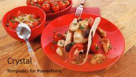  Presentation with table napkin - Audience pleasing PPT layouts consisting of big mexican taco with tomatoes backdrop and a red colored foreground