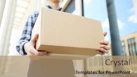  Presentation with box carton - Theme having big packed carton box in hands of delivery man in workwear walking along modern building background and a coral colored foreground