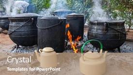  Presentation with cooking - Amazing PPT layouts having big-pots-cooking-outdoors backdrop and a coral colored foreground