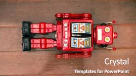  Presentation with robot - Presentation theme having big red robot on wooden background and a red colored foreground