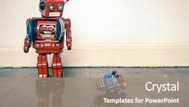  Presentation with robot toy - Colorful slide set enhanced with big retro robot toy humiliates backdrop and a coral colored foreground