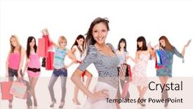  Presentation with group of girls - Colorful PPT theme enhanced with big sale - group of shopping girls backdrop and a  colored foreground