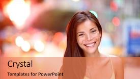  Presentation with new york city - Beautiful PPT layouts featuring big smile - asian girl city portrait woman backdrop and a coral colored foreground