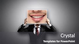  Presentation with head - Presentation featuring big smile - businessman hiding head behind photo background and a dark gray colored foreground