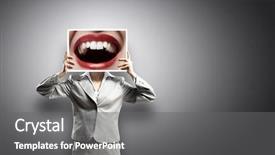  Presentation with medicine by mouth - Beautiful PPT theme featuring big smile - businesswoman holding banner with macro backdrop and a gray colored foreground
