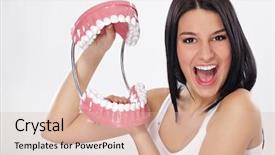  Presentation with open door policy health care - Cool new slides with big smile - funny woman holding open jaws backdrop and a lemonade colored foreground