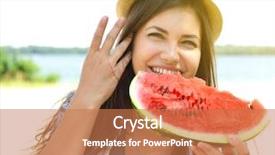  Presentation with young happy couple - Audience pleasing PPT theme consisting of big smile - happy young couple eating watermelon backdrop and a coral colored foreground