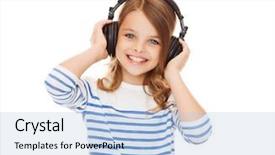  Presentation with music headphones - Theme having big smile - people children and technology concept background and a light blue colored foreground