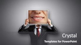  Presentation with photo - Cool new PPT theme with big smile - unrecognizable businessman holding photo backdrop and a  colored foreground