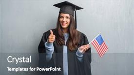  Presentation with america flag - PPT theme featuring travel excel - young brunette woman over grunge background and a dark gray colored foreground