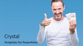  Presentation with gold dollar sign - PPT layouts featuring big smile doing ok sign background and a light blue colored foreground