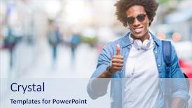  Presentation with american sign language asl - Colorful PPT layouts enhanced with travel excel - afro american man wearing headphones backdrop and a sky blue colored foreground