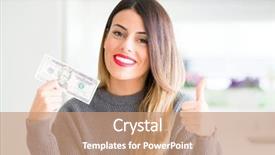  Presentation with gold dollar sign - Colorful presentation theme enhanced with big smile doing ok sign backdrop and a coral colored foreground