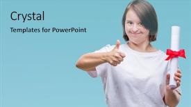  Presentation with fingers - PPT layouts enhanced with signing ceremony - young adult woman with down background and a light blue colored foreground