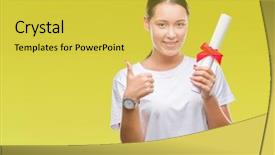  Presentation with happy young student girl holding - Slide deck featuring signing ceremony - young caucasian woman holding degree background and a yellow colored foreground