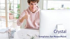  Presentation with young college student diagnosis of sti - Beautiful PPT theme featuring education excellence - young student man using computer backdrop and a  colored foreground