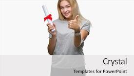  Presentation with happy young student girl holding - Slide set with signing ceremony - young caucasian woman holding degree background and a white colored foreground