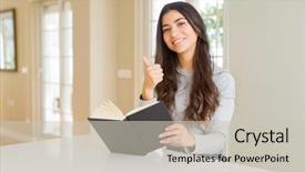  Presentation with child girl reading a book - Presentation theme having young woman reading a book background and a soft green colored foreground