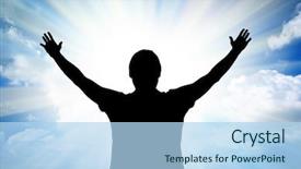  Presentation with silhouette of man worship - Colorful PPT layouts enhanced with big sun and silhouette backdrop and a light blue colored foreground